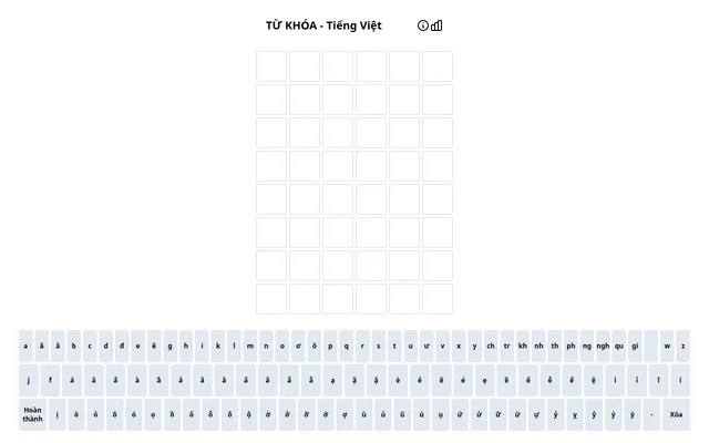 Từ Khóa - Tiếng Việt board: an empty grid of eight rows of six tiles above a wide Vietnamese keyboard with every toned vowel and clusters such as ch, kh, ngh and qu