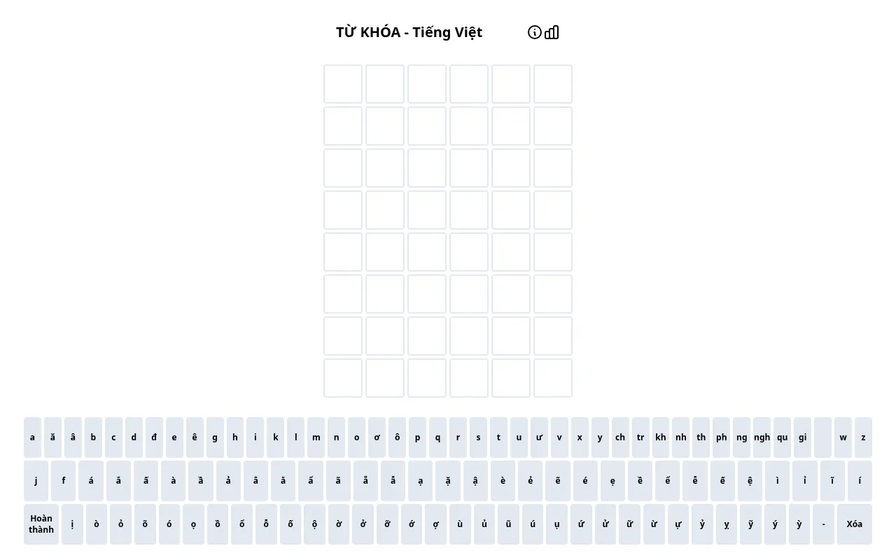 Từ Khóa - Tiếng Việt board: an empty grid of eight rows of six tiles above a wide Vietnamese keyboard with every toned vowel and clusters such as ch, kh, ngh and qu