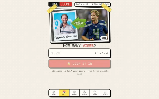 TubeCount Daily #117, guess 1 of 3: a 2026 YouTube thumbnail of an NFL players video, a How many views box and a Lock it in button