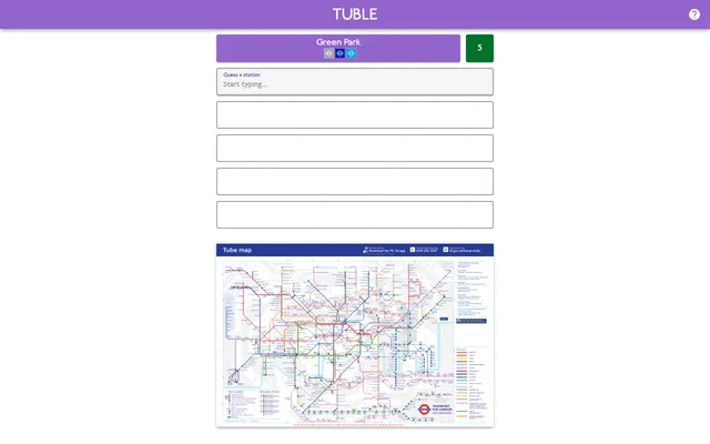 A Tuble board with a first guess, Green Park, scoring 5 stops in the same zone, above the empty guess rows and the Tube map