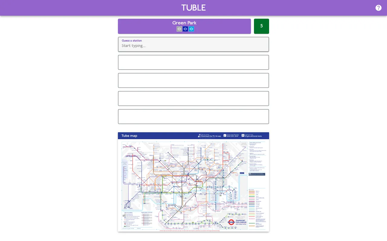 A Tuble board with a first guess, Green Park, scoring 5 stops in the same zone, above the empty guess rows and the Tube map