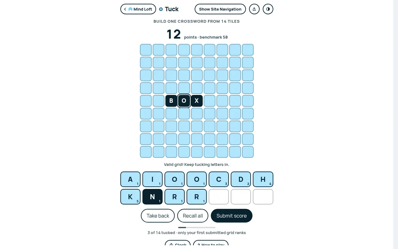 Tuck on Mind Loft for 29 October 2026: the word BOX placed on the 9 by 9 board for 12 points against a benchmark of 58, with the rest of the day's 14 letter tiles below