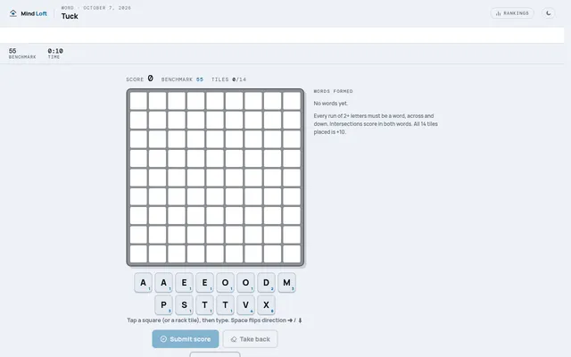 Tuck on Mind Loft for 7 October 2026: an empty 9 by 9 board above the day's rack of 14 letter tiles with their point values, a benchmark of 55 and the Submit score button