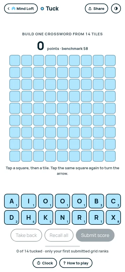 Tuck at phone size on 29 October 2026: the empty 9 by 9 board, the rack of 14 lettered tiles with point values and the Submit score button