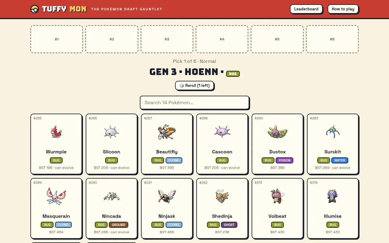 Tuffymon's daily draft: six empty team slots above the prompt Gen 3 Hoenn Bug, with Wurmple, Beautifly, Dustox, Ninjask, Shedinja and other Bug Pokémon cards to pick from