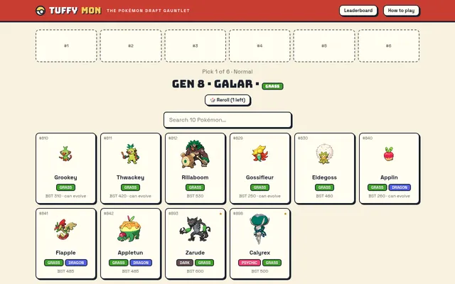 Tuffymon's daily draft for 27 October 2026: six empty team slots above the prompt Gen 8 Galar Grass, with Grookey, Rillaboom, Eldegoss, Applin, Zarude and Calyrex cards