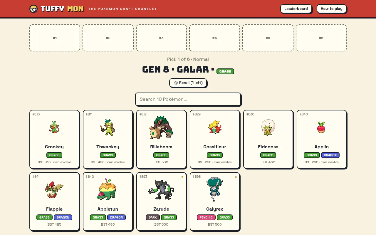 Tuffymon's daily draft for 27 October 2026: six empty team slots above the prompt Gen 8 Galar Grass, with Grookey, Rillaboom, Eldegoss, Applin, Zarude and Calyrex cards