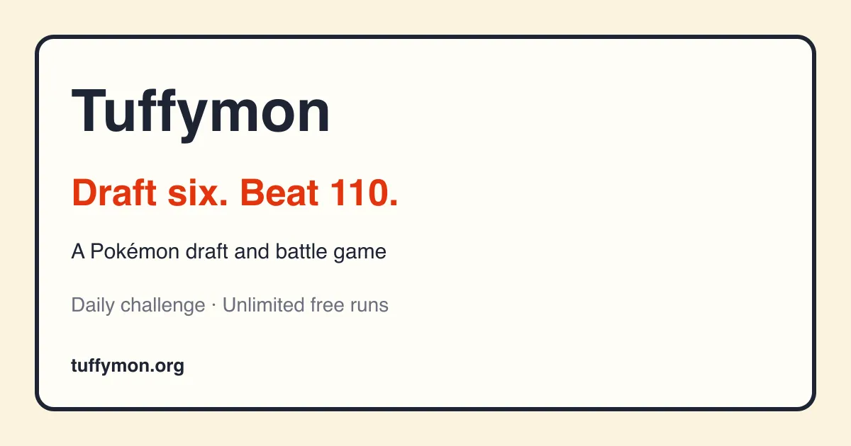 Tuffymon share card: Draft six. Beat 110. A Pokémon draft and battle game
