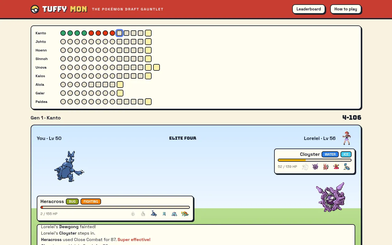 A Tuffymon gauntlet battle: a drafted Heracross at level 50 against Lorelei's Cloyster in the Kanto Elite Four, with the 110-trainer progress board above