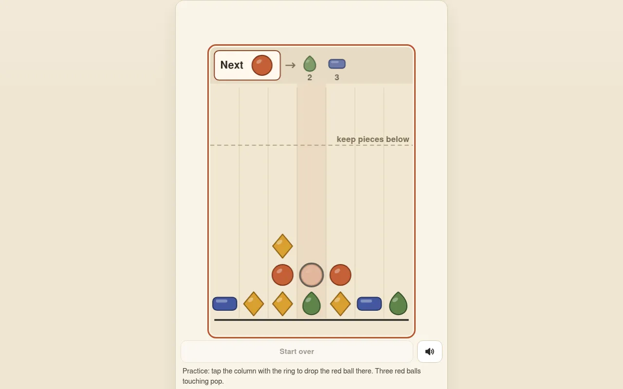 Tumble Tally's practice board in the browser, with the Next piece and the two after it above seven columns and the dashed line to keep pieces below