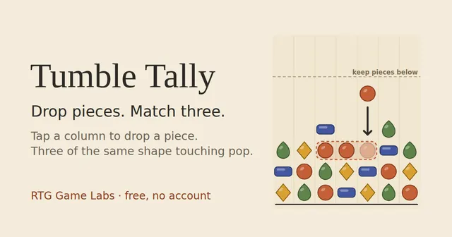 Tumble Tally share image: a seven-column board of coloured balls, drops, diamonds and bars, with a red ball dropping beside two red balls to make three