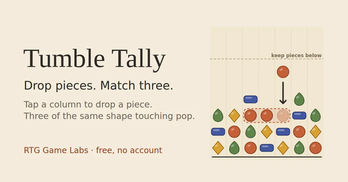 Tumble Tally share image: a seven-column board of coloured balls, drops, diamonds and bars, with a red ball dropping beside two red balls to make three