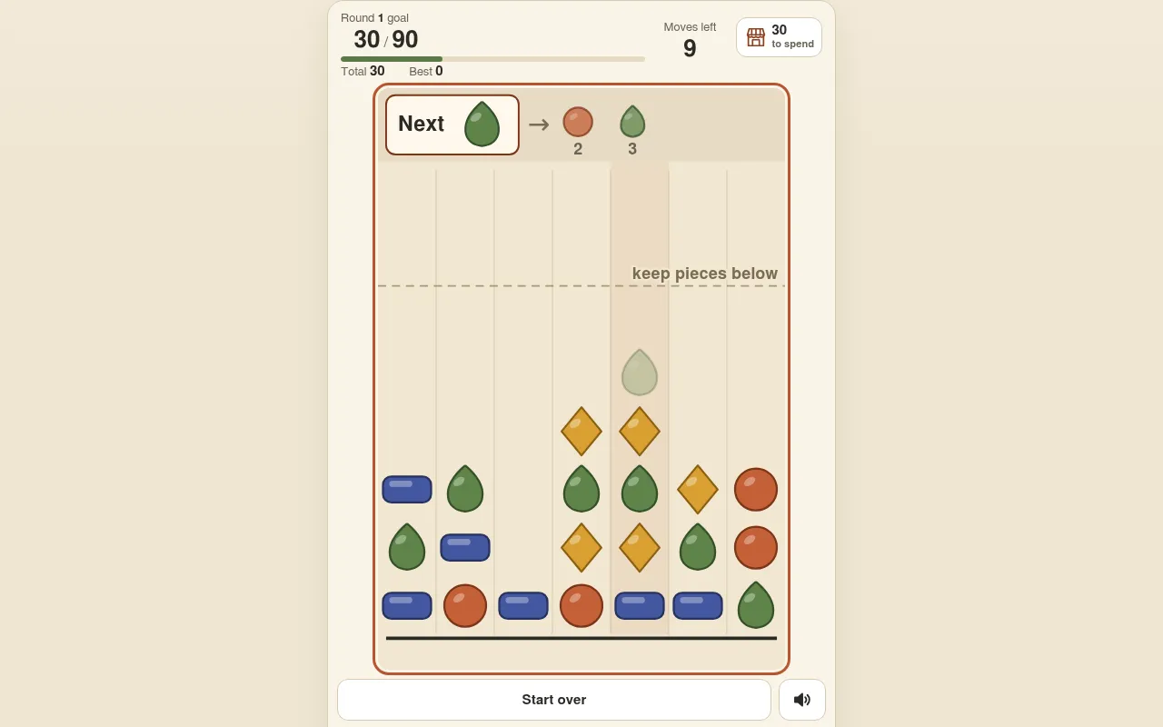 Tumble Tally's daily board for 27 October 2026 in the browser: round 1 at 30 of 90 points with 9 moves left, the Next drop and two after it above seven columns of shapes