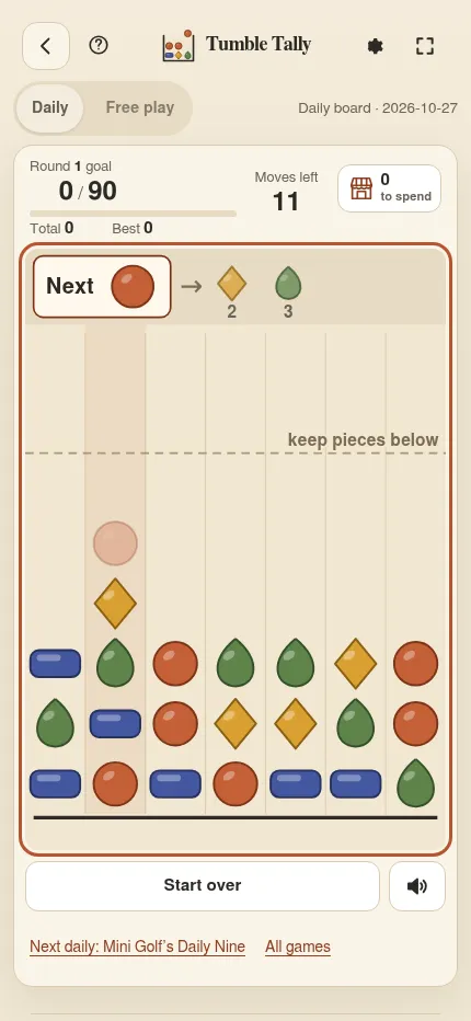 The same daily board at phone size, with the round goal, moves left, the Next piece and seven columns of balls, drops, diamonds and bars under the dashed line