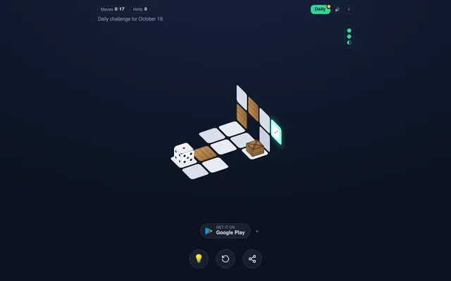 Tumble's daily board for October 19: a white die on a tile path with a wooden plank, a crate and walls rising to the glowing goal tile, par 17 moves