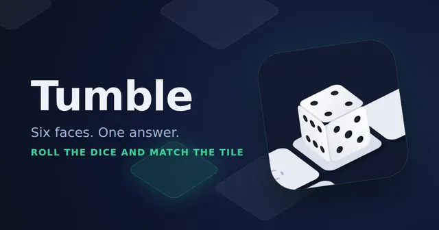 The Tumble card: a white die on a tile path beside the name Tumble and the lines Six faces. One answer. Roll the dice and match the tile
