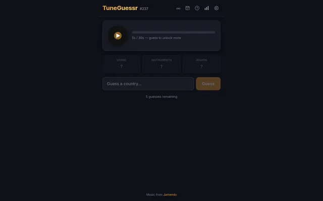 TuneGuessr puzzle number 237: an audio player at 5 of 30 seconds, hidden Genre, Instruments and Region hint tiles, and a Guess a country box with 5 guesses remaining