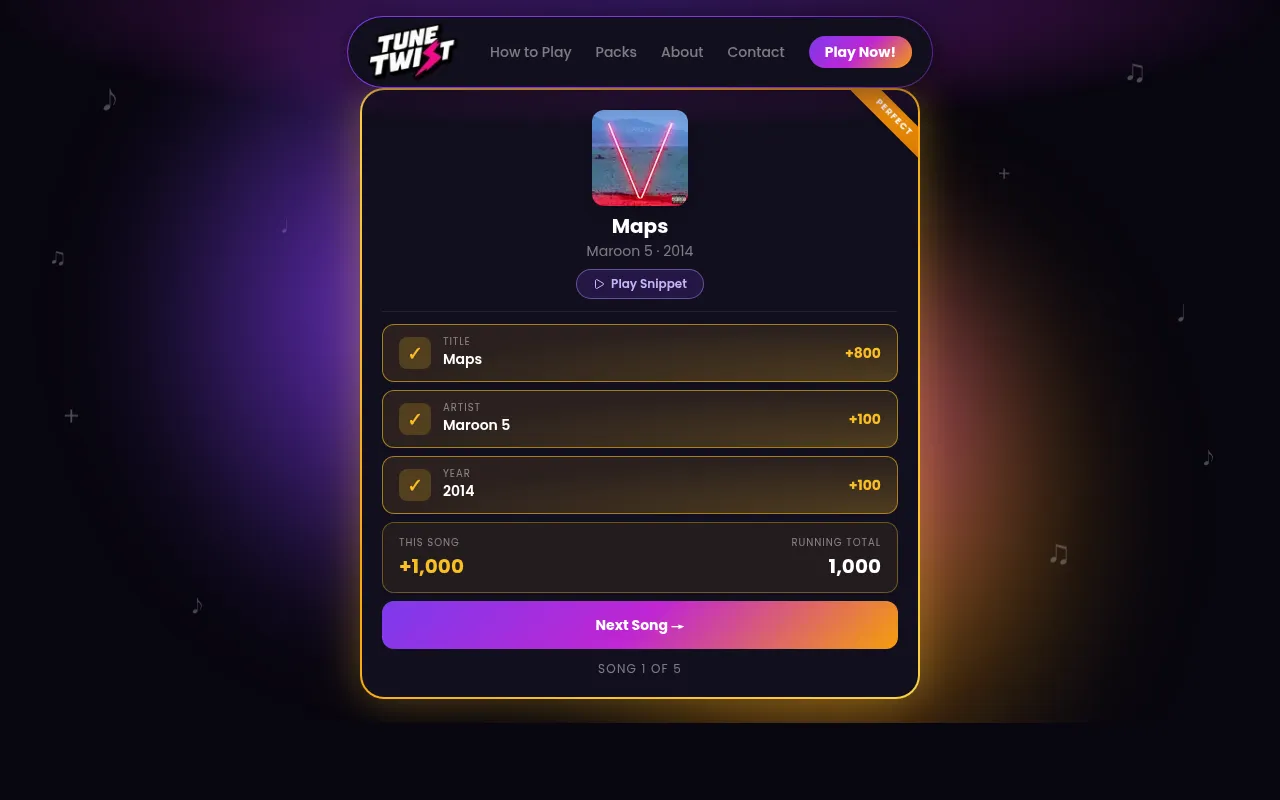 A solved TuneTwist song: Maps by Maroon 5, 2014, with the album cover, a Play Snippet button, title, artist and year ticked for 1,000 points and a Perfect ribbon