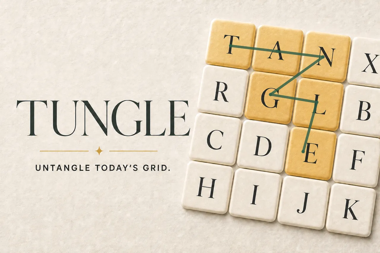 Tungle letter tiles with the word TANGLE traced in green across yellow tiles