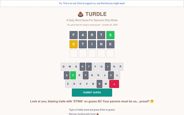 Today's Turdle board on October 20, 2026: guesses FARTS and STINK with an S in green and yellow, the keyboard marked with poop emoji and a snarky remark below