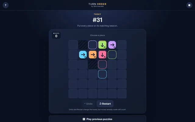 Turn Order puzzle #31: a six by six grid with blue, orange, pink, green and purple arrow pieces marked S or P, matching dashed beacons and two wall squares, with Undo and Restart