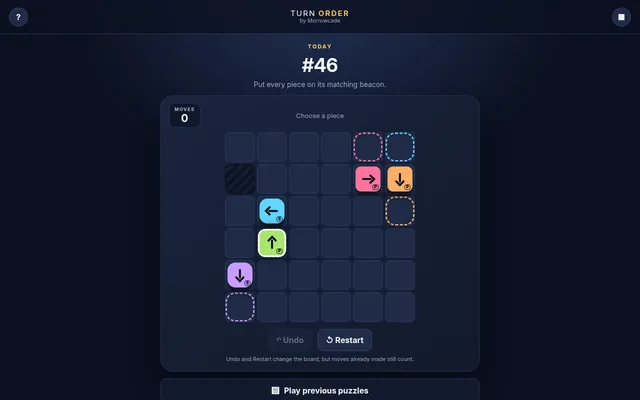 Turn Order puzzle #46 of 20 October 2026: a six by six grid with blue, pink, orange, green and purple arrow pieces marked S or P, their dashed beacons and one wall square