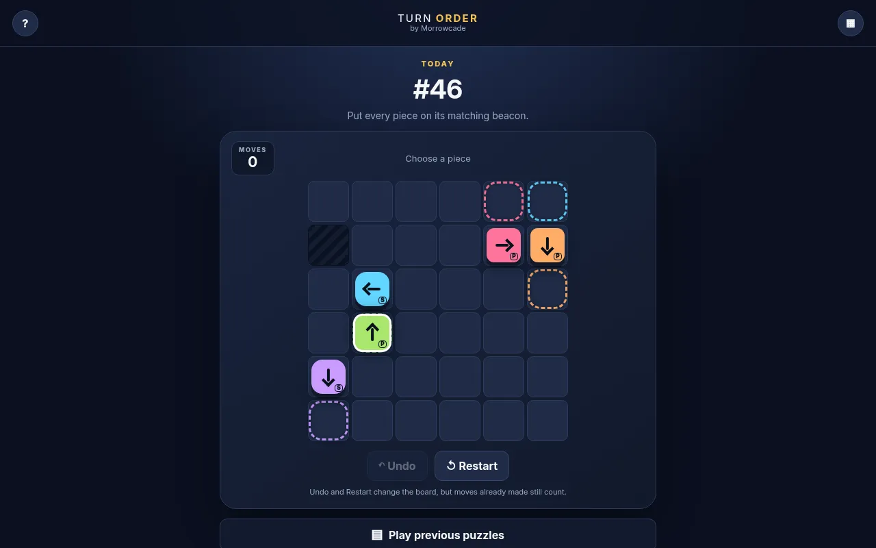 Turn Order puzzle #46 of 20 October 2026: a six by six grid with blue, pink, orange, green and purple arrow pieces marked S or P, their dashed beacons and one wall square