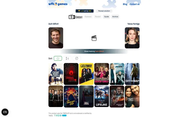 TV Circuit board for puzzle 642: link Zach Gilford to Taissa Farmiga, with twelve posters of shows featuring Zach Gilford to pick from