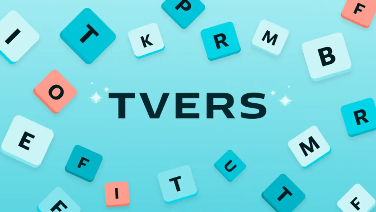 NRK's Tvers title card: the word TVERS among scattered turquoise and coral letter tiles