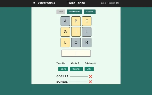 Twice Thrice on 29 October 2026: the grid A B E G I L L O R with letters shaded by use, GORILLA and BOREAL entered, a timer and word and solution counts