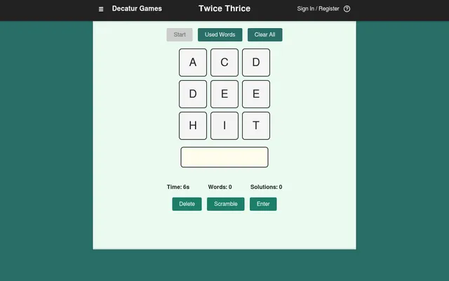 The Twice Thrice board: a three by three grid of letters A C D D E E H I T, an entry box, a timer, word and solution counts, and Delete, Scramble and Enter