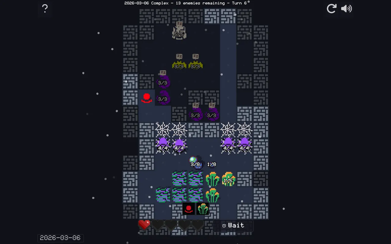 A Complex daily dungeon floor with sleeping bats, spiders behind webs and the player's hearts at the bottom