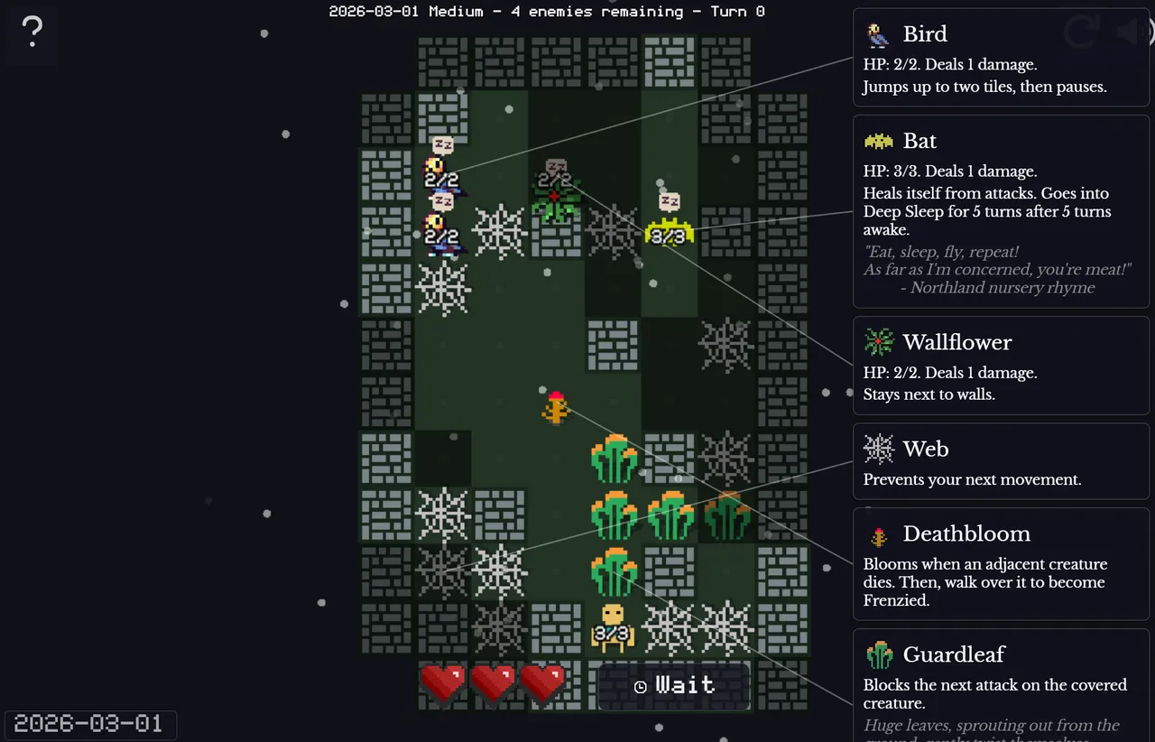 A Medium daily floor with the creature guide open, explaining birds, bats, wallflowers and webs