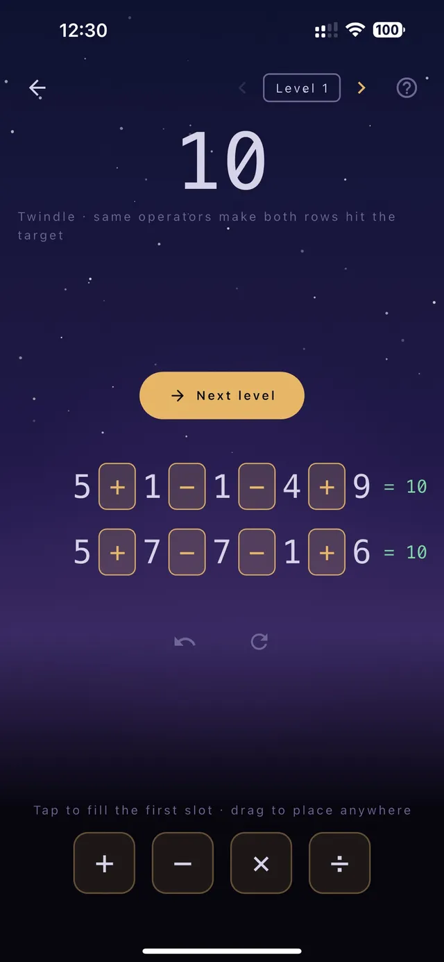 Twindle Level 1 solved with target 10: 5 + 1 - 1 - 4 + 9 and 5 + 7 - 7 - 1 + 6, both rows showing = 10, and a Next level button
