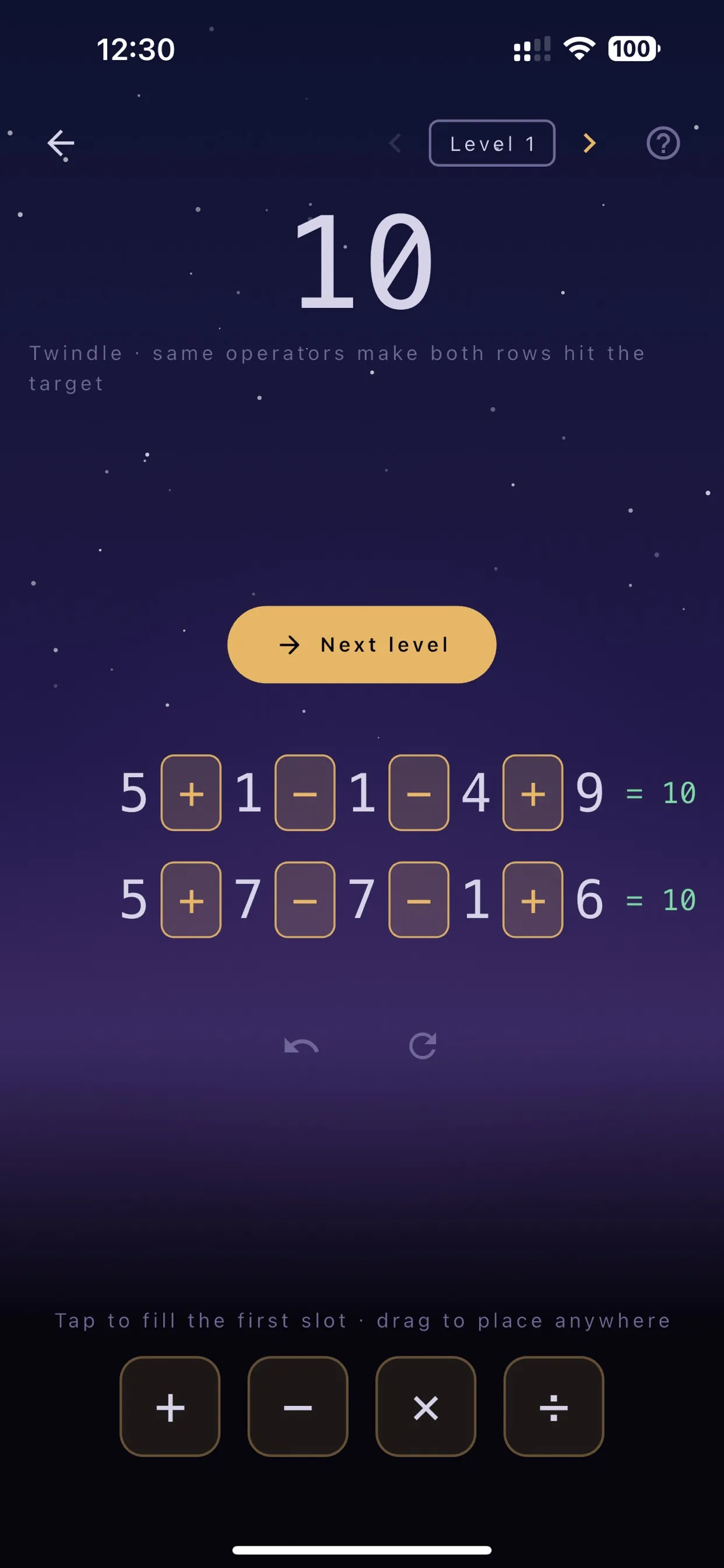Twindle Level 1 solved with target 10: 5 + 1 - 1 - 4 + 9 and 5 + 7 - 7 - 1 + 6, both rows showing = 10, and a Next level button