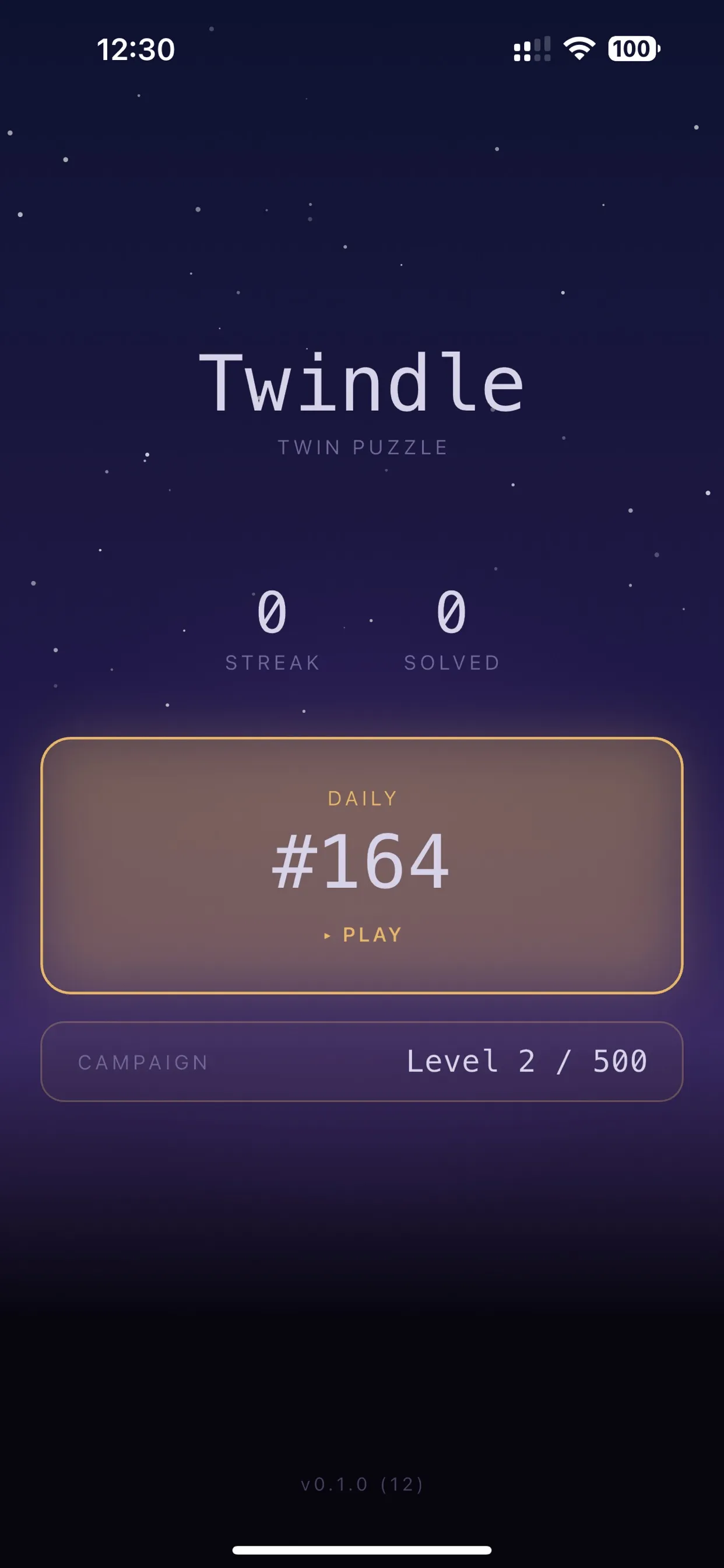 Twindle home screen with streak and solved counters, the Daily #164 card with a Play button and Campaign Level 2 / 500