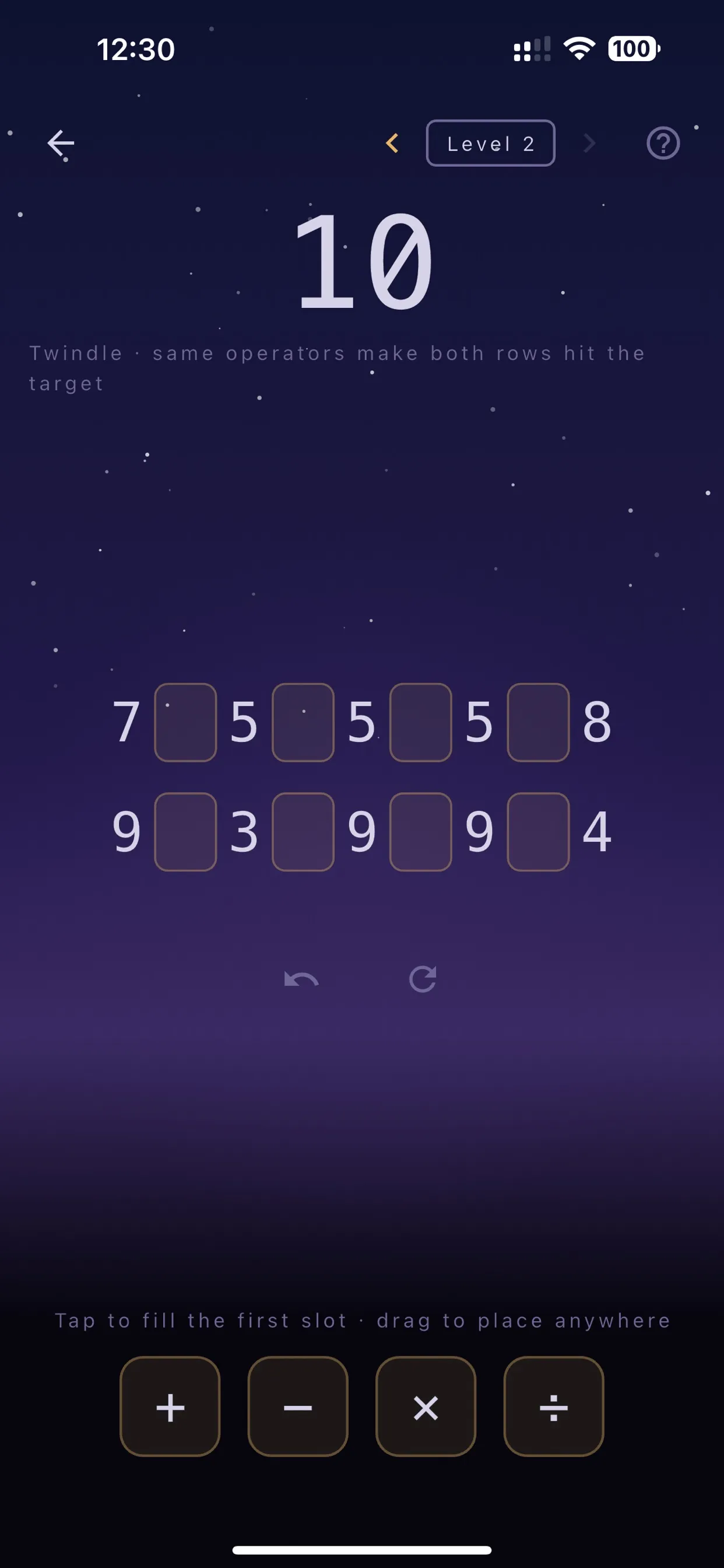 Twindle Level 2 with target 10, the rows 7 5 5 5 8 and 9 3 9 9 4 with empty slots between, and the plus, minus, times and divide chips below