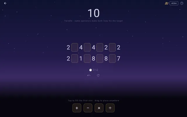 Twindle Daily #294 on the web: target 10, rows 2 4 4 2 2 and 2 1 8 8 7 with four empty operator slots, a timer, and the plus, minus, times and divide chips