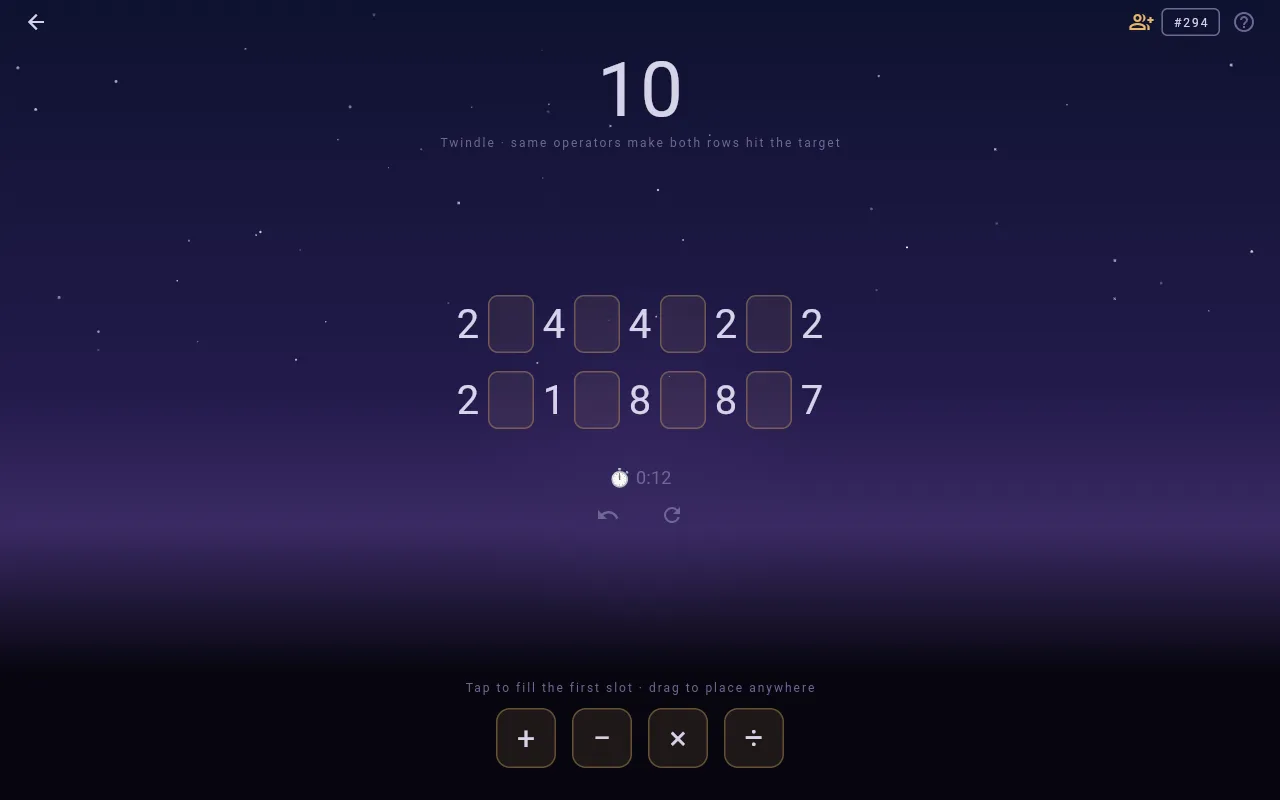 Twindle Daily #294 on the web: target 10, rows 2 4 4 2 2 and 2 1 8 8 7 with four empty operator slots, a timer, and the plus, minus, times and divide chips