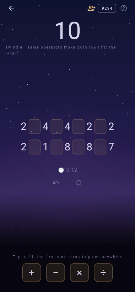 Twindle Daily #294 at phone size: target 10 above two rows of numbers with empty operator slots, undo and reset, and the four operator chips at the bottom