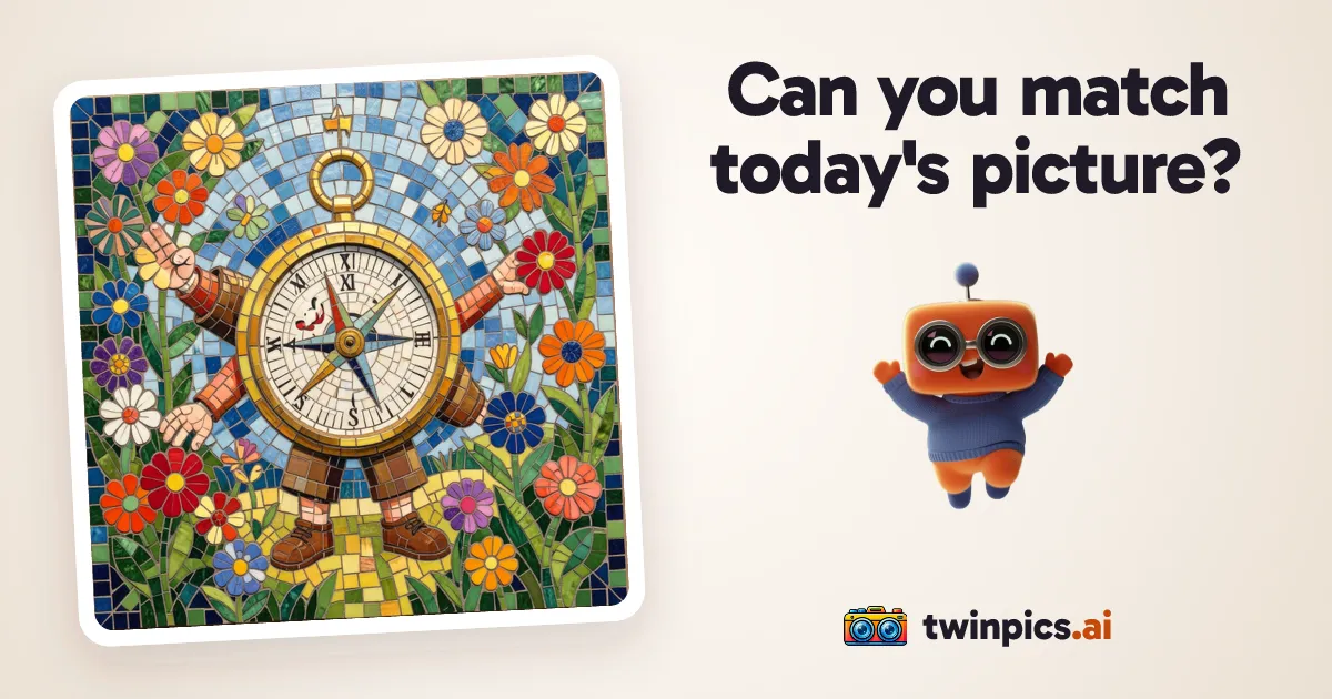 Twin Pics share card for 19 October 2026: the day's mosaic picture of a walking compass among flowers, beside 'Can you match today's picture?'
