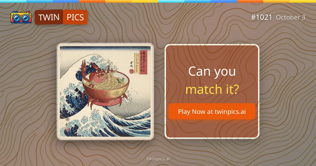 Twin Pics Daily Pic #1021, a woodblock-style crab eating noodles on a wave, beside the words Can you match it?
