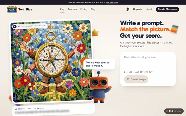 Twin Pics on desktop: Daily Pic #1037, a mosaic of a compass with arms and legs among flowers, beside the empty Describe what you see box and Create Image button