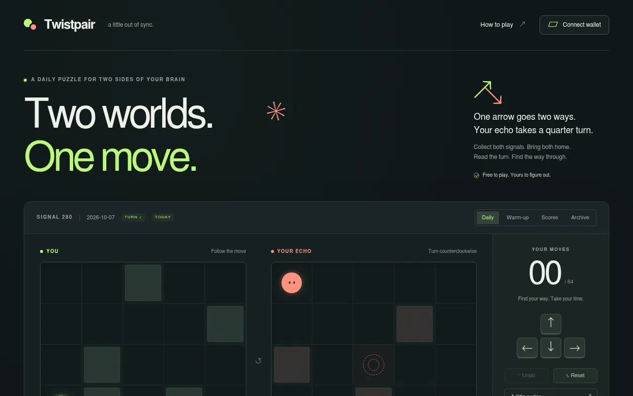 Twistpair's home page: the heading Two worlds. One move., notes on the quarter turn, and the top of the day's two boards