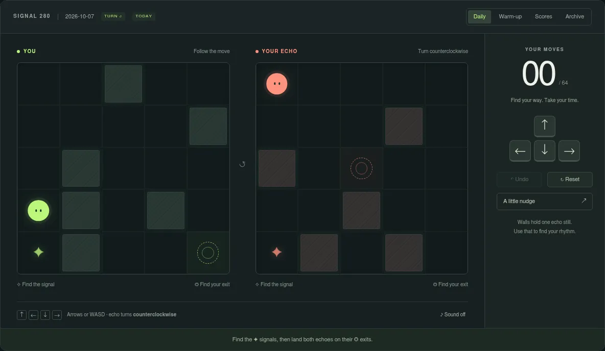 Twistpair signal 280: two 5 by 5 mazes, a green piece and an orange echo each with a star signal and a ringed exit, a move counter and arrow buttons