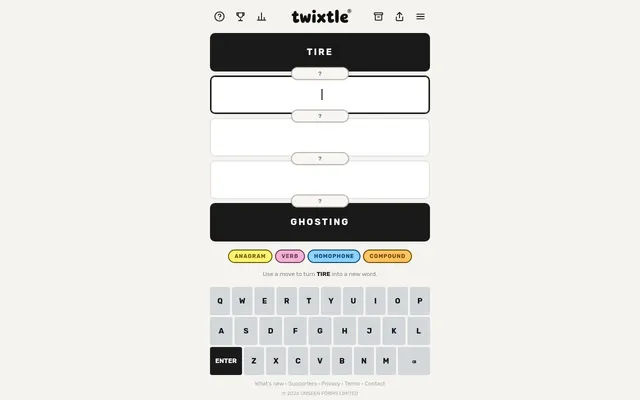 Twixtle's board for 26 October 2026: start word TIRE, end word GHOSTING, four empty steps with hidden move types, and the on-screen keyboard