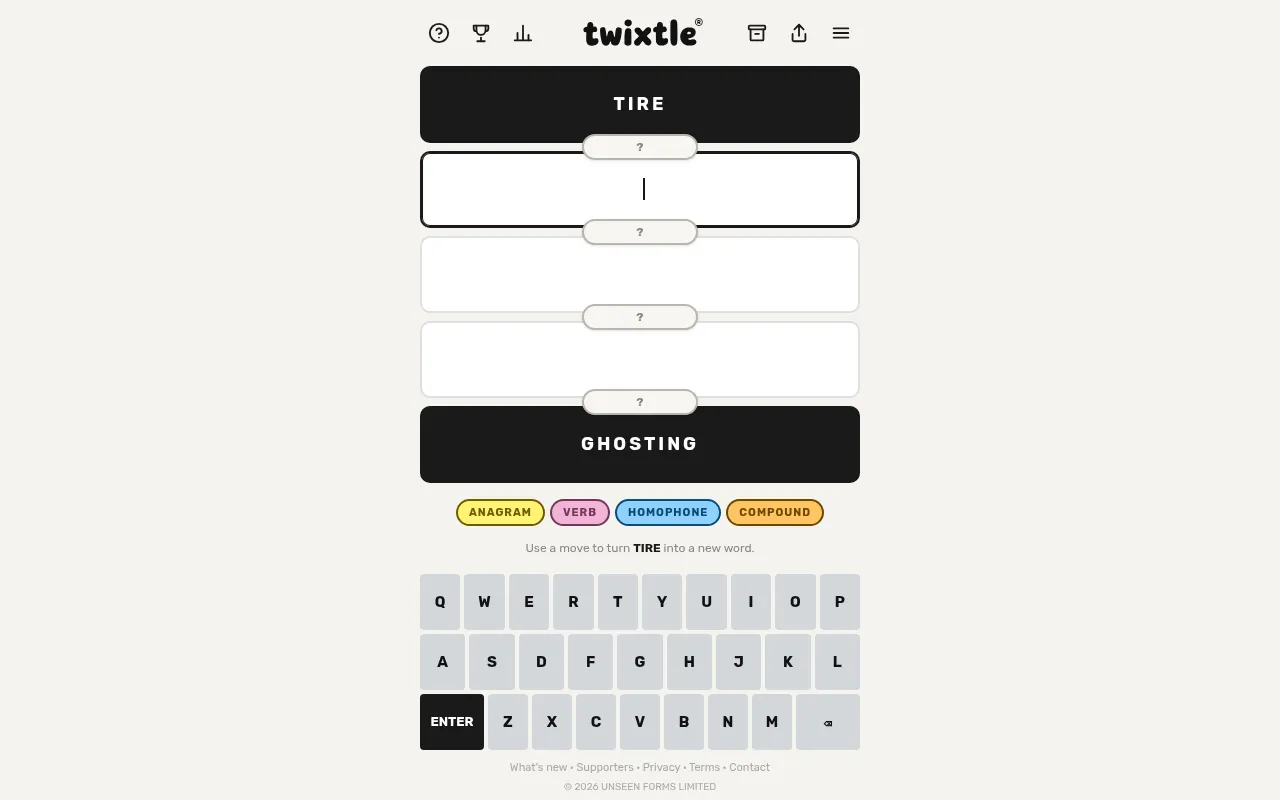 Twixtle's board for 26 October 2026: start word TIRE, end word GHOSTING, four empty steps with hidden move types, and the on-screen keyboard
