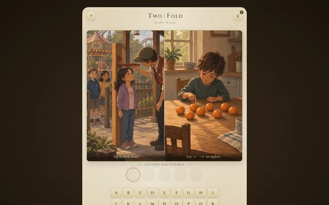Two|Fold board for October 18, 2026: a girl measured for height at a fairground beside a boy counting eight tangerines, above empty letter slots and an alphabet keyboard