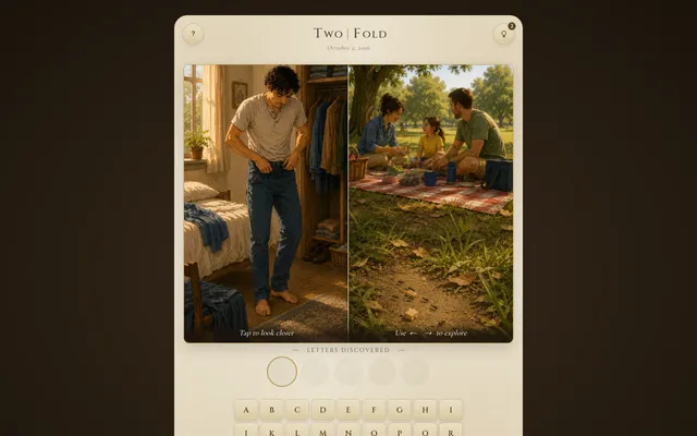 Two|Fold puzzle: two paintings side by side, a man dressing in a bedroom and a family picnic, above letter slots and an alphabet keyboard