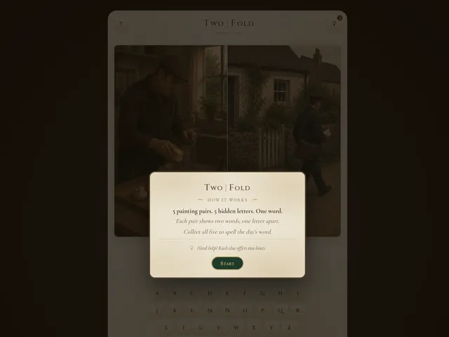 Two Fold puzzle for October 2 2026 showing a pair of paintings of a man and a postman, with a letter grid and a how it works card